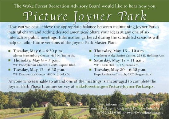 advertisement to attend a public meeting about the future of perserving Joyner Park